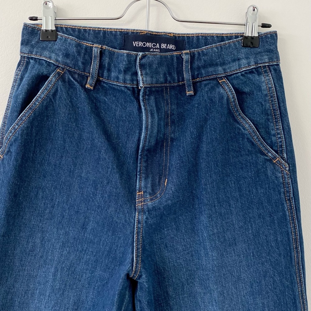 Veronica Beard Taylor Wide Leg High Rise Dark Denim Belted Long Trouser Jeans 27 - Picture 6 of 11